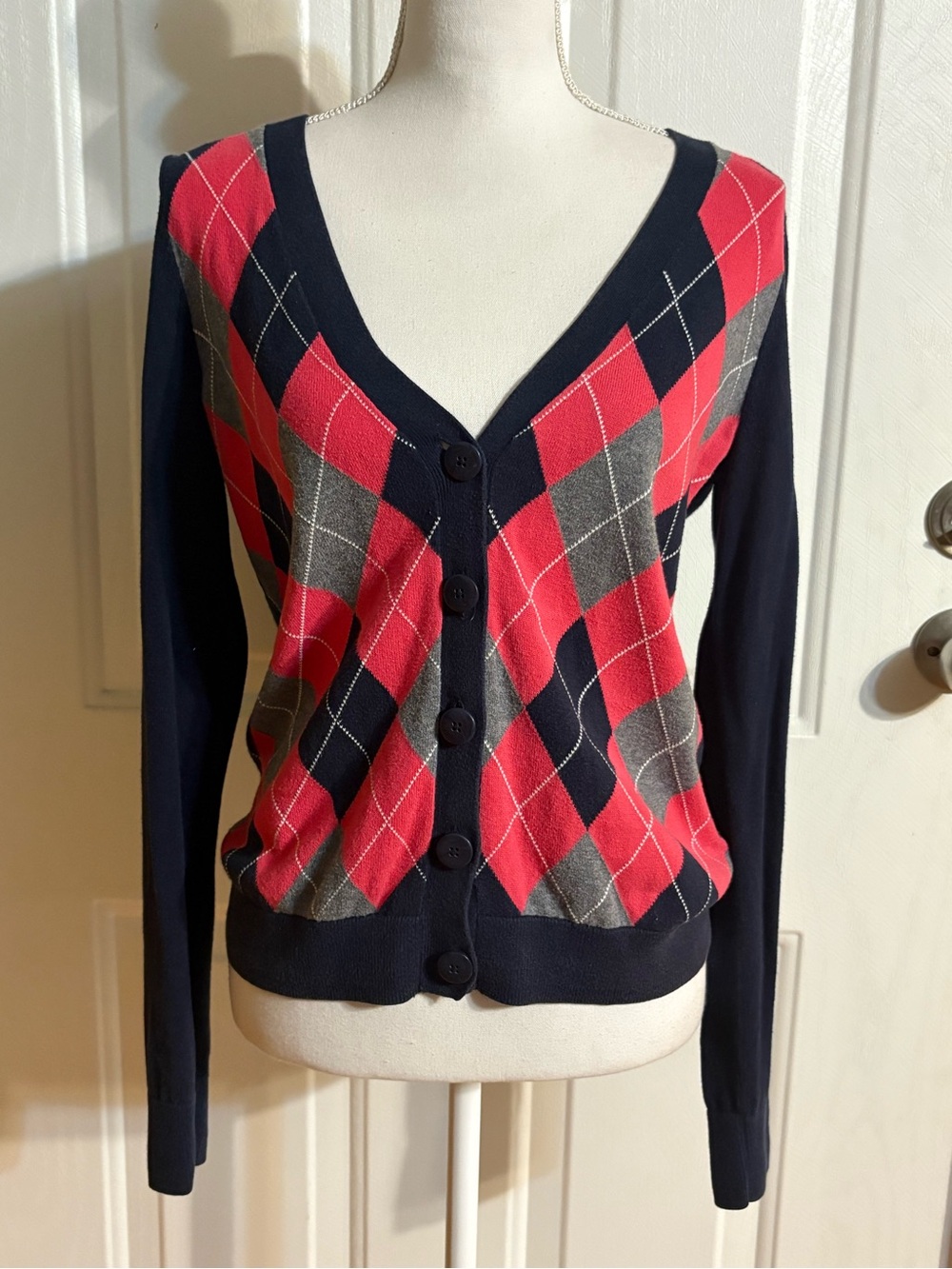Tommy Hilfiger Navy, Pink & Gray Argyle Button Cardigan 100% Pima Cotton Sz S